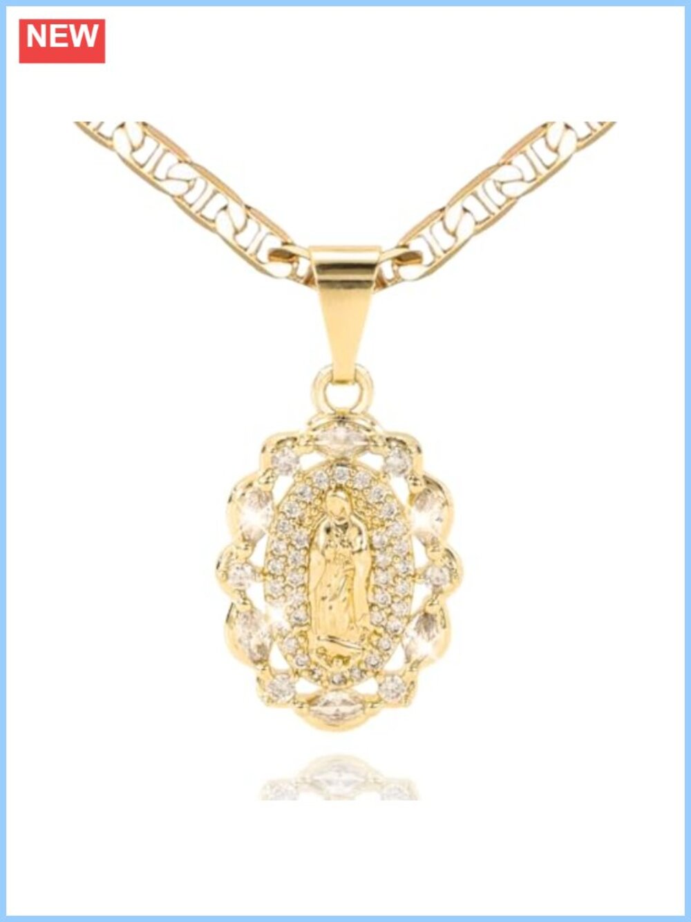 14K Gold Plated Virgin Mary Pendant Necklace Cubic Zirconia Catholic Jewelry